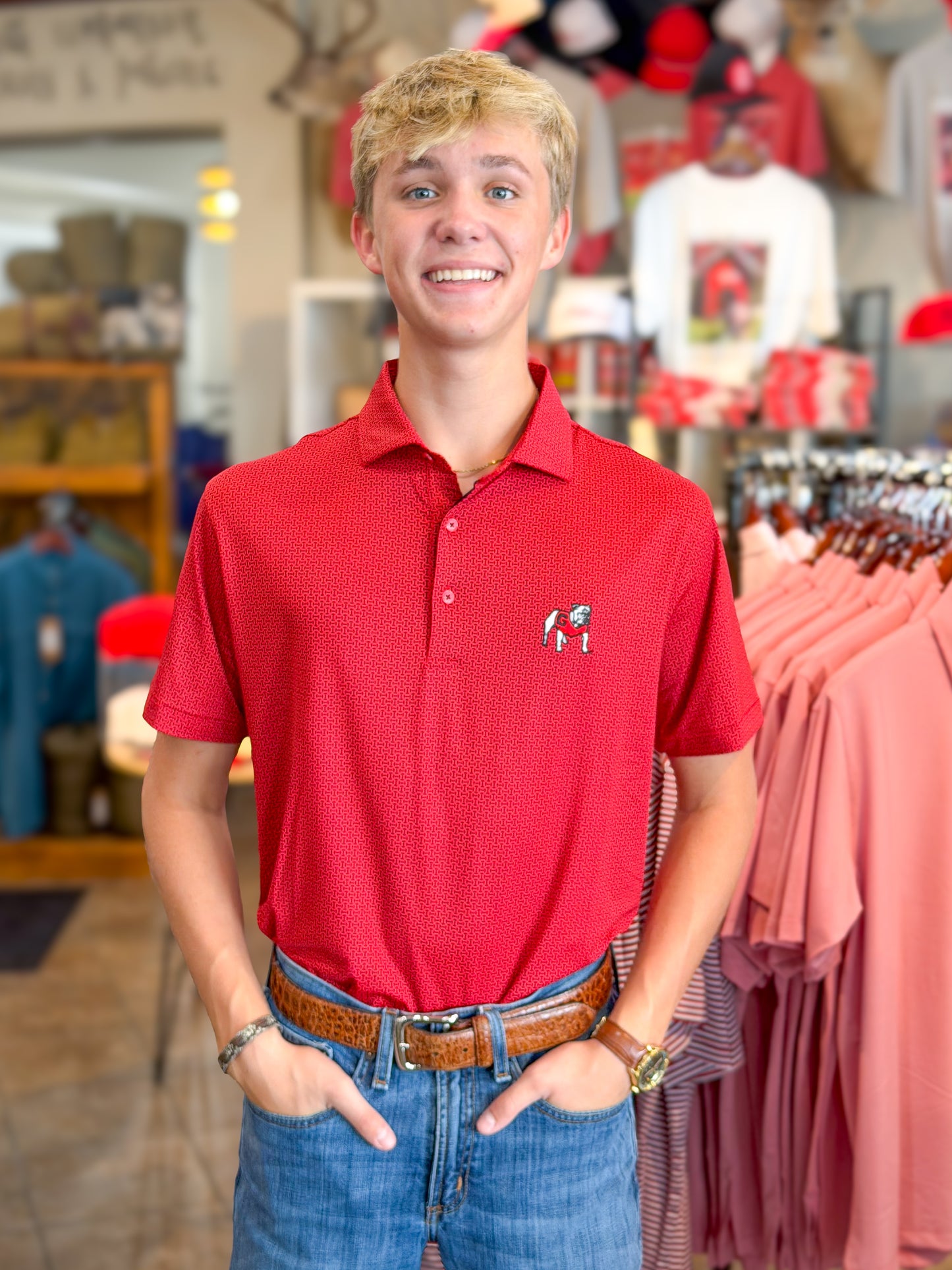 Horn Legend | Georgia Standing Bulldog Red Polo in Football Laces