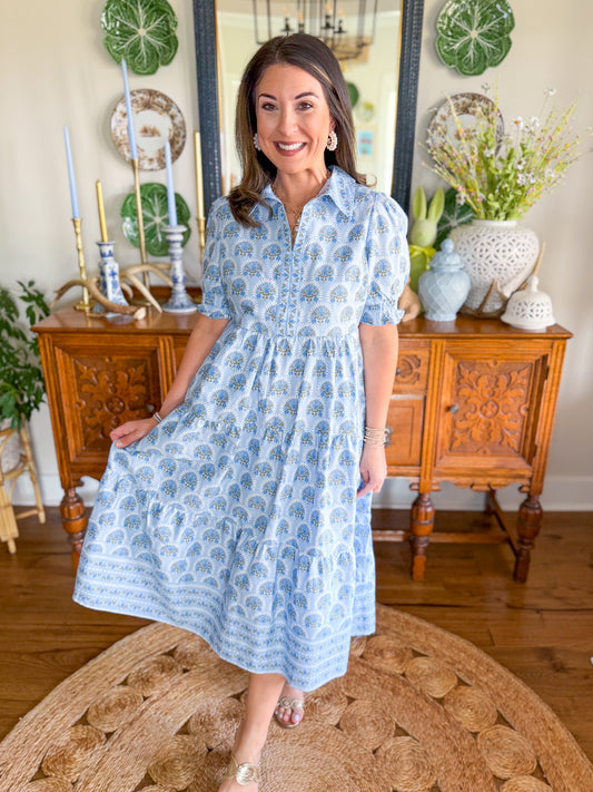 Mary Square I Molly Dress in Sunshower Flora Blue