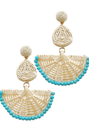 Raffia & Rattan Fan Shape Bead Earrings