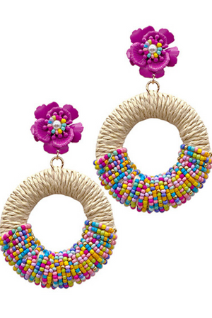 Raffia & Beads Circle Link Flower Earrings