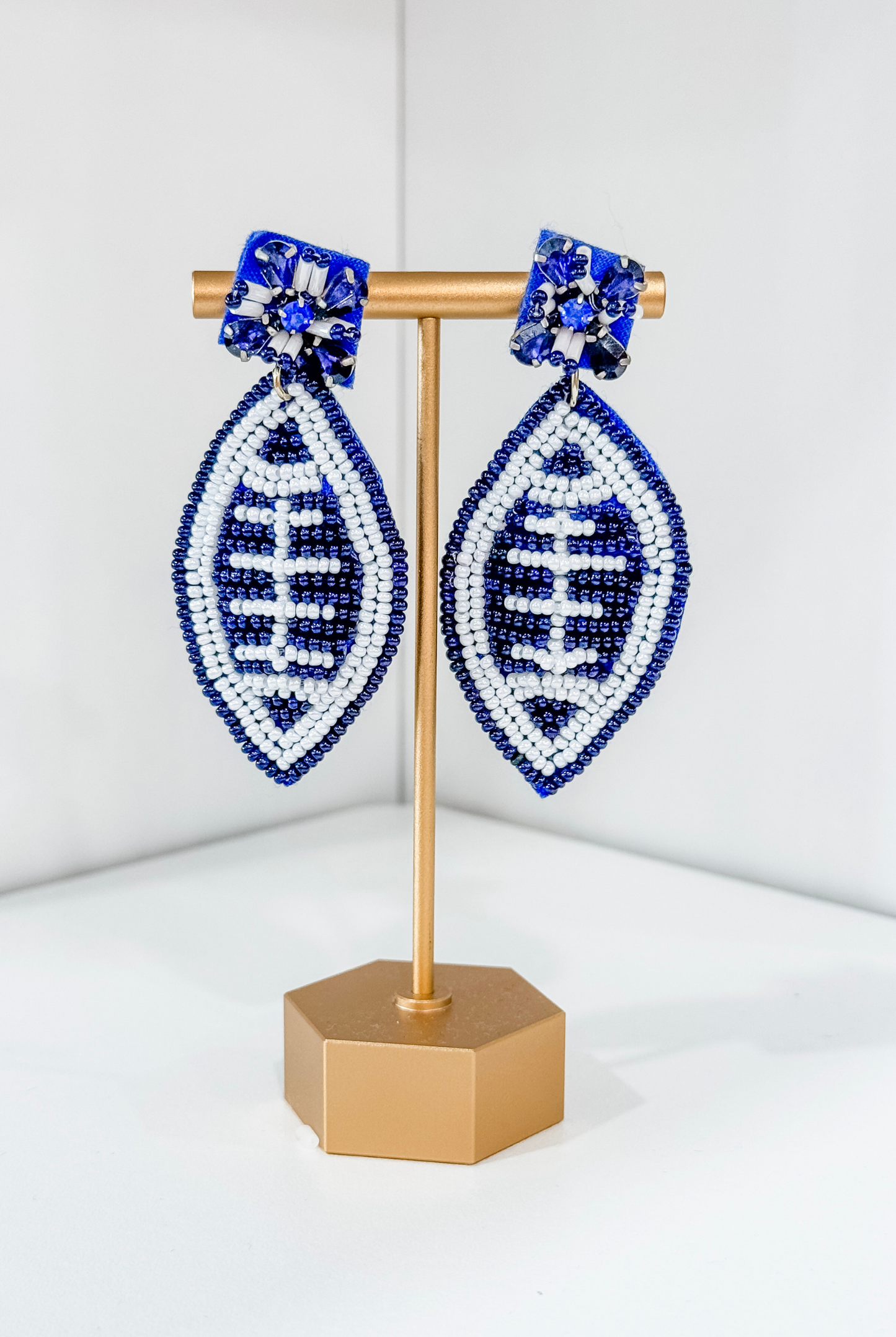 Blue & White Beaded Football Earrings