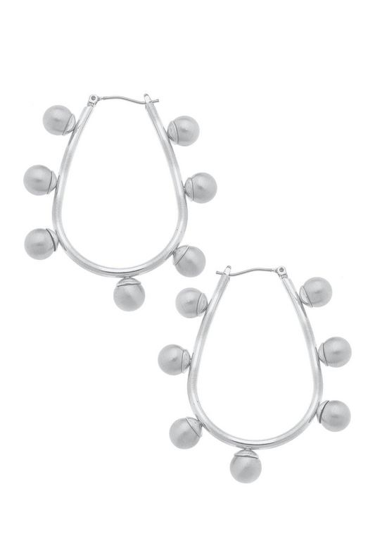 Allison Studded Pearl Teardrop Hoop Earrings in Satin Silver