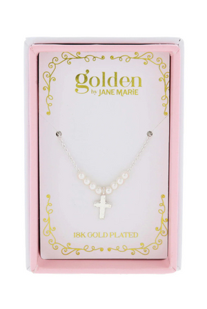 Kids 18k White Gold Plated Mini Pearls & Cross Necklace