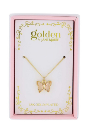 Kids 18k Gold Plated Peachy Champagne & Mini Clear Crystal Butterfly Necklace