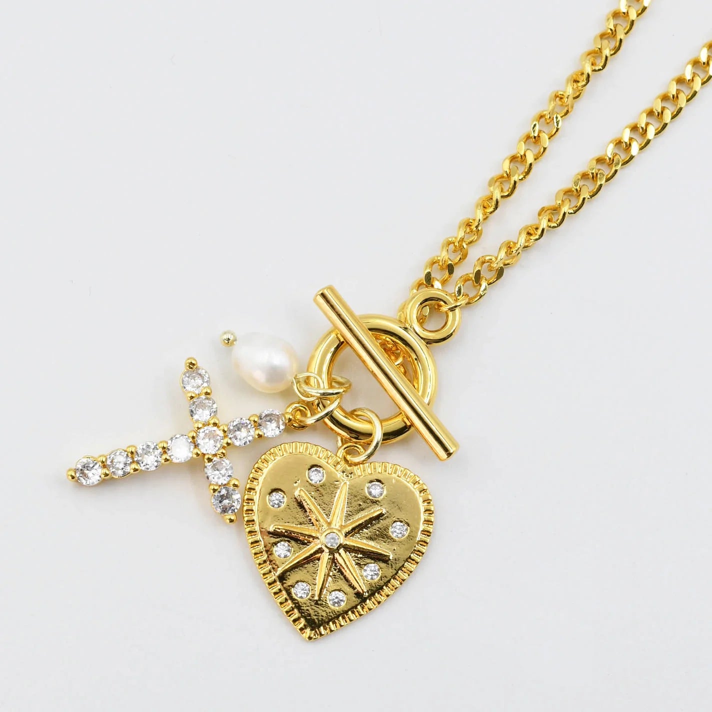 Crystal Heart Cross Charm Necklace