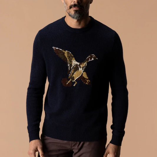 Duck Head | Flying Wood Duck Intarsia Crewneck Sweater in Deep Navy Heather