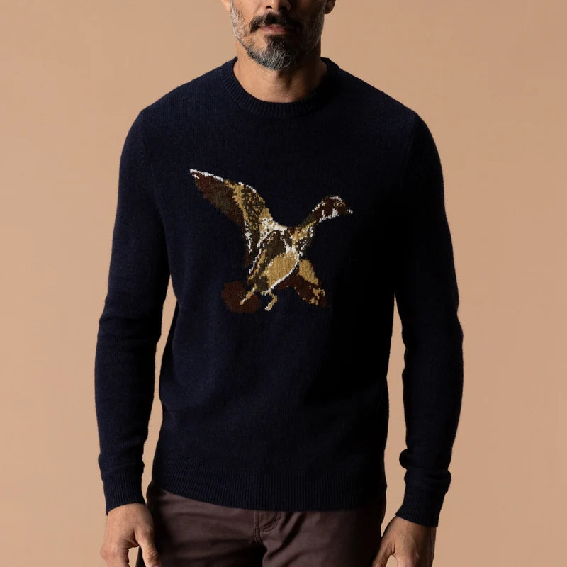 Duck Head | Flying Wood Duck Intarsia Crewneck Sweater in Deep Navy Heather