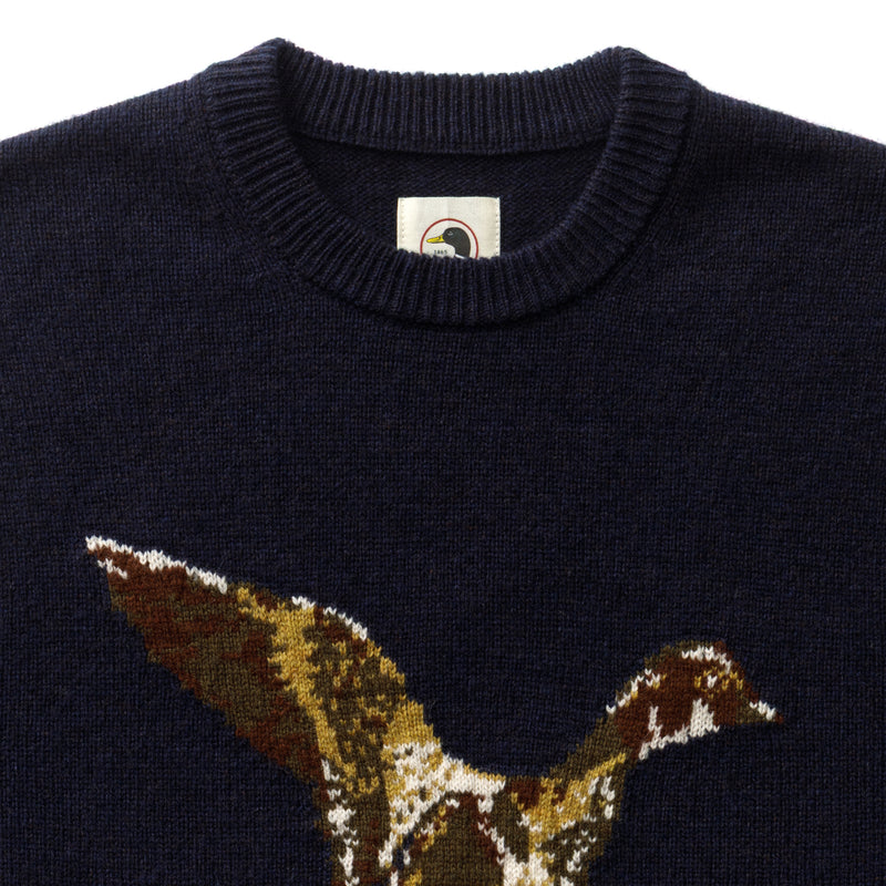 Duck Head | Flying Wood Duck Intarsia Crewneck Sweater in Deep Navy Heather