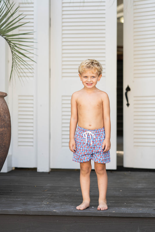 Saltwater Boys Saint Simons Swim Trunk in Lobsters & Plaid