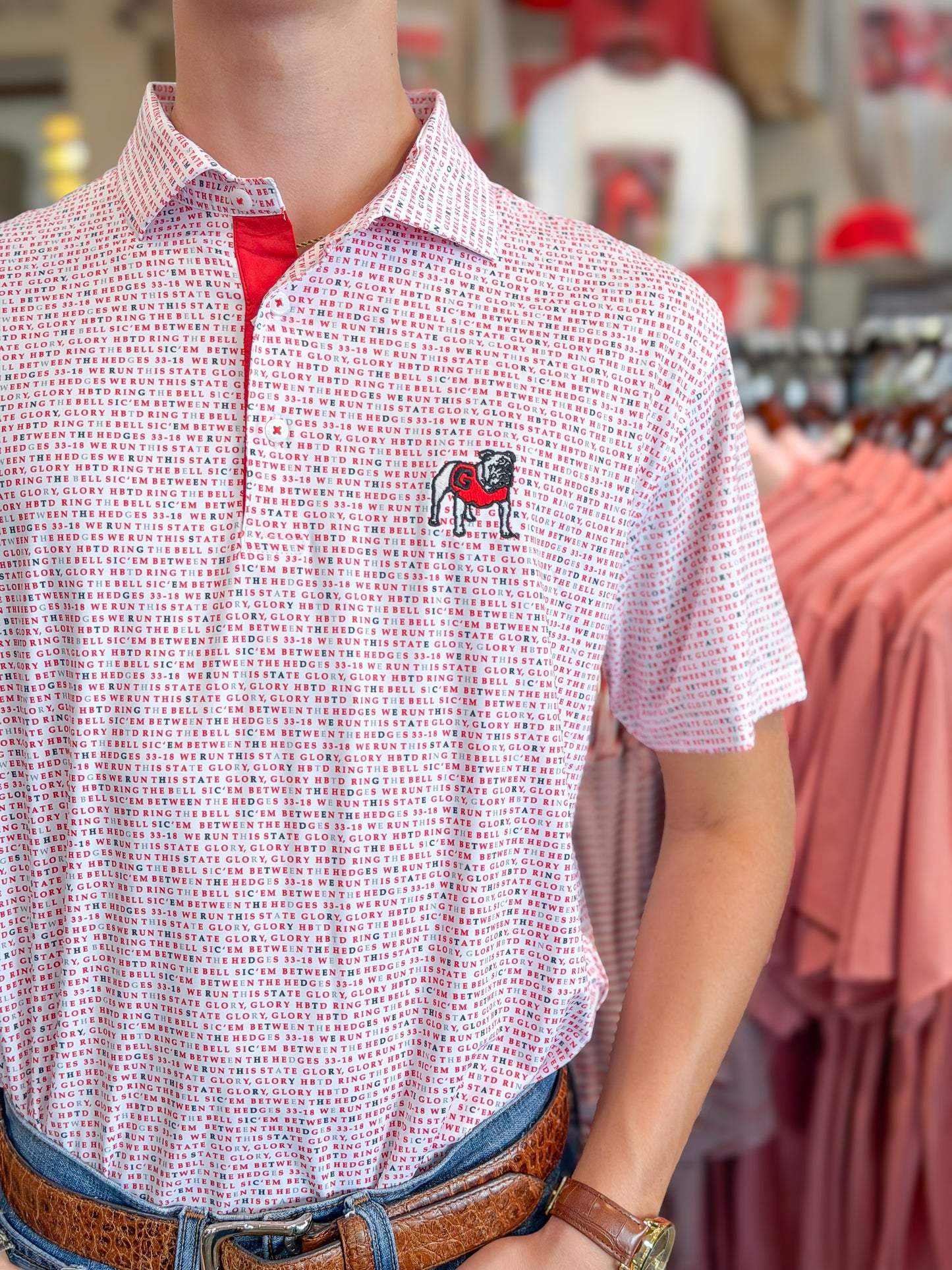 Horn Legend | Georgia Standing Bulldog White Wordmark Polo