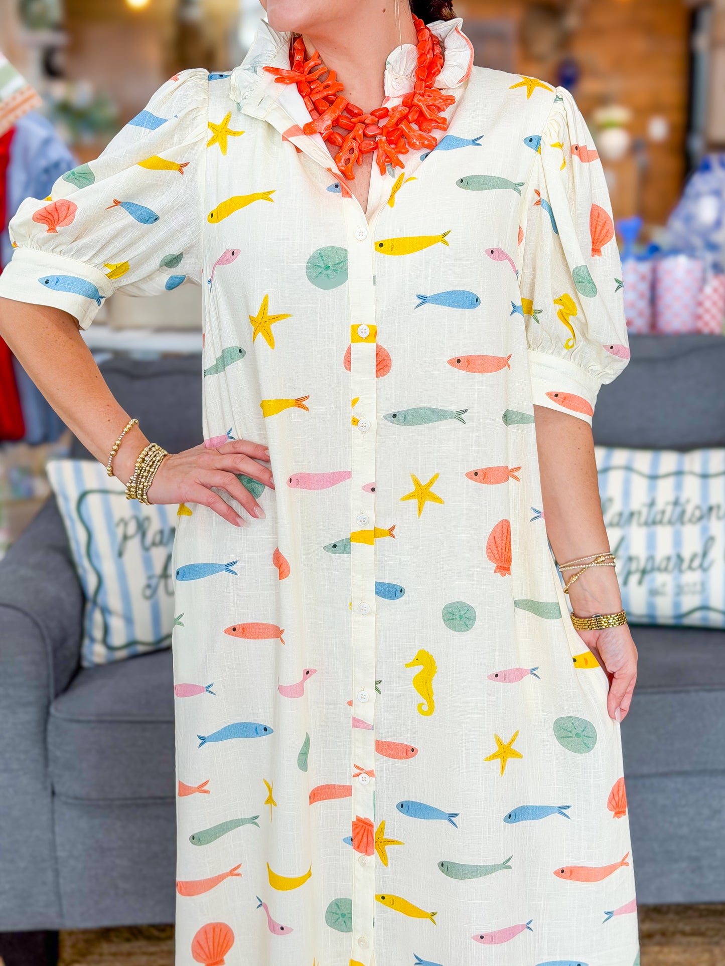Karlie | Multi Fish Ruffle Collar Maxi Dress