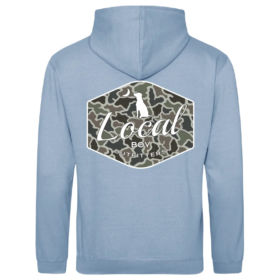 Local Boy | Youth Brushwood Dog & Moon Camo Badge Hoodie in Sky Blue
