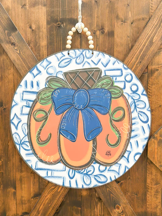 Blue Bow Pumpkin Circle Door Hanger