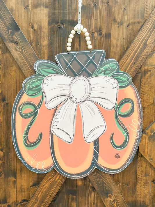 Tan Bow Pumpkin Door Hanger