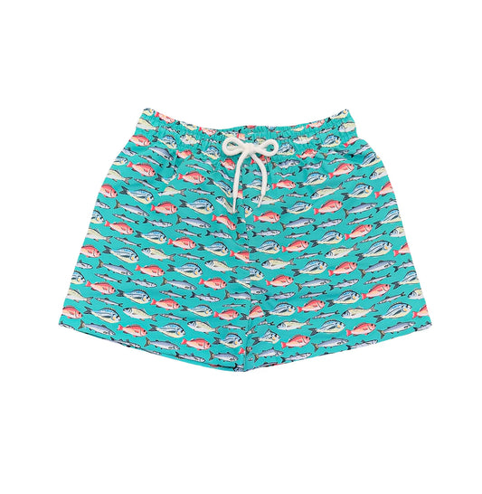 Saltwater Boys | Saint Simons Swim Trunks in Aqua Fish