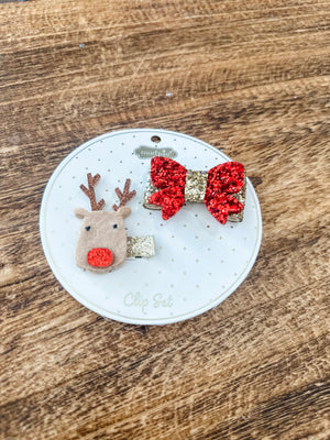 Bow and Reindeer Hair Clip Set