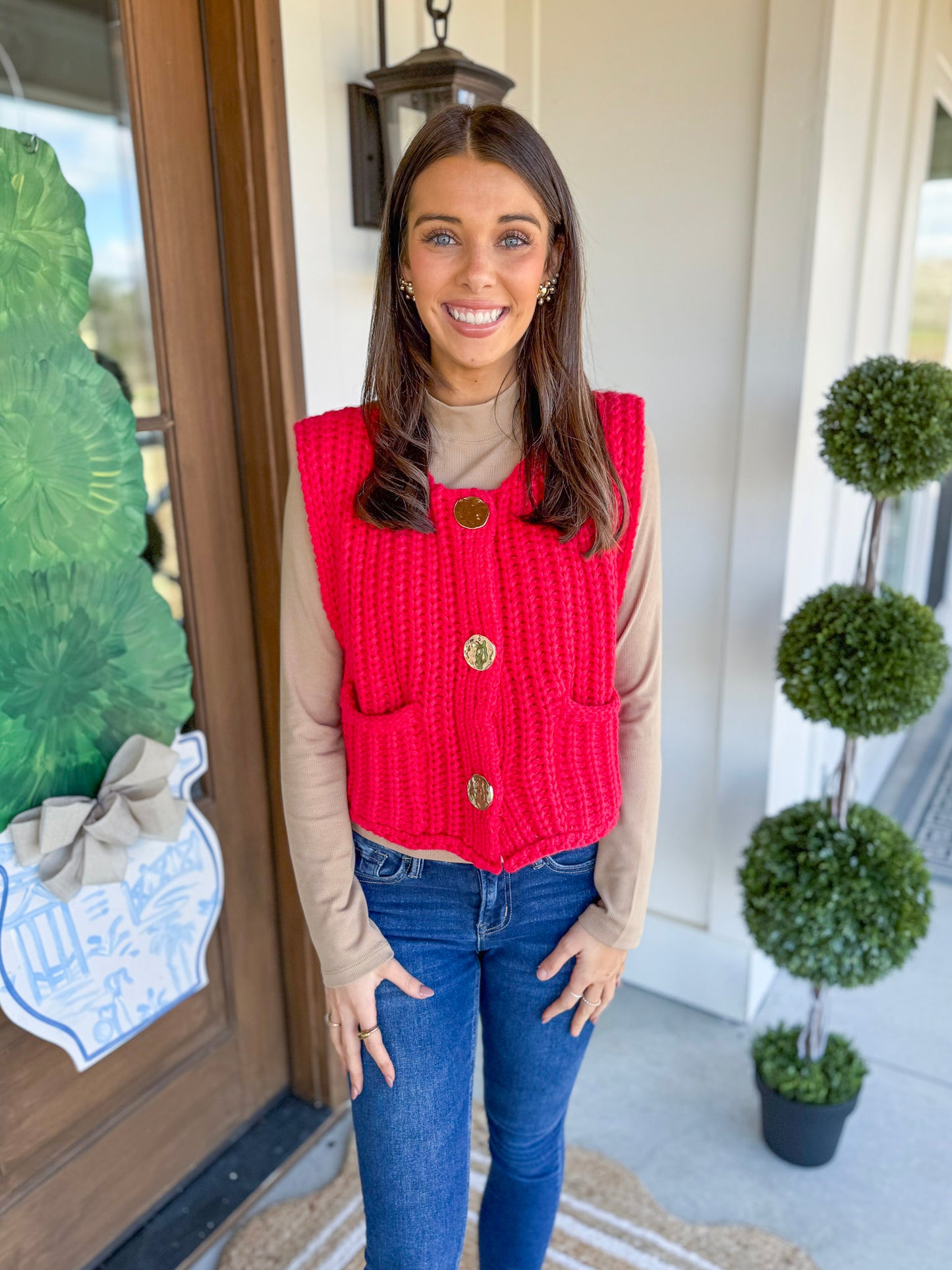 A Touch of Gold Sweater Vest in Red