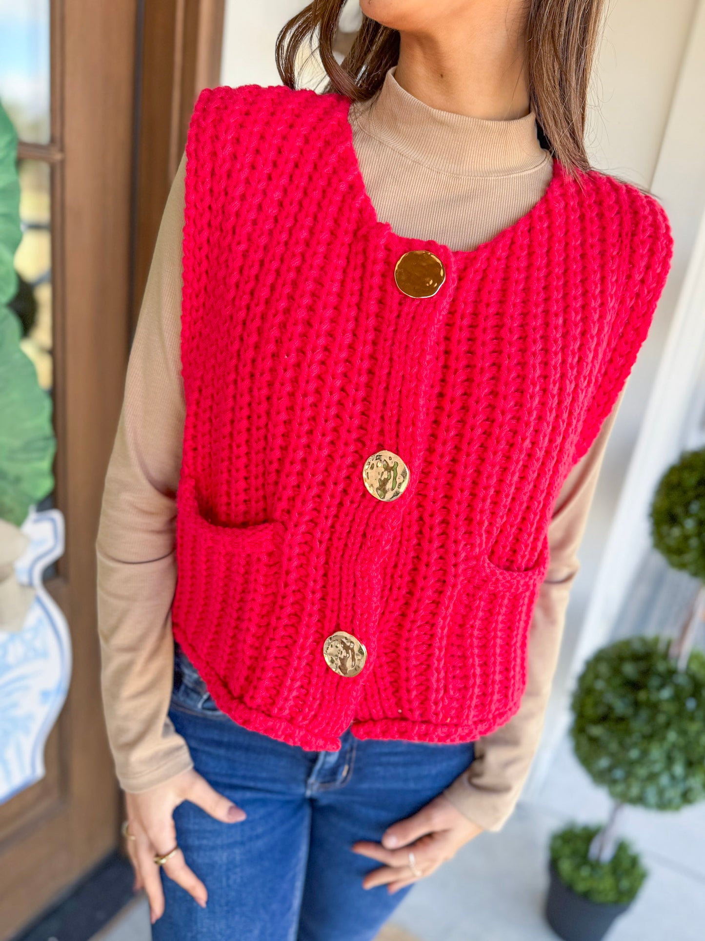 A Touch of Gold Sweater Vest in Red