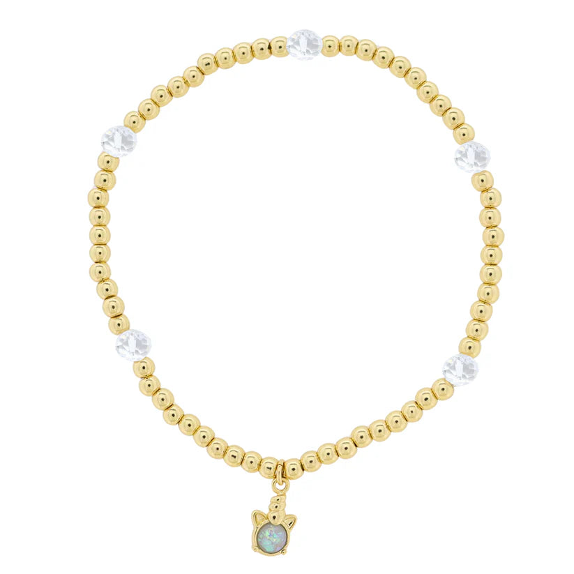 Kids 18K Gold Plated Gold & Clear Beaded Stretch Bracelet with Opal Unicorn