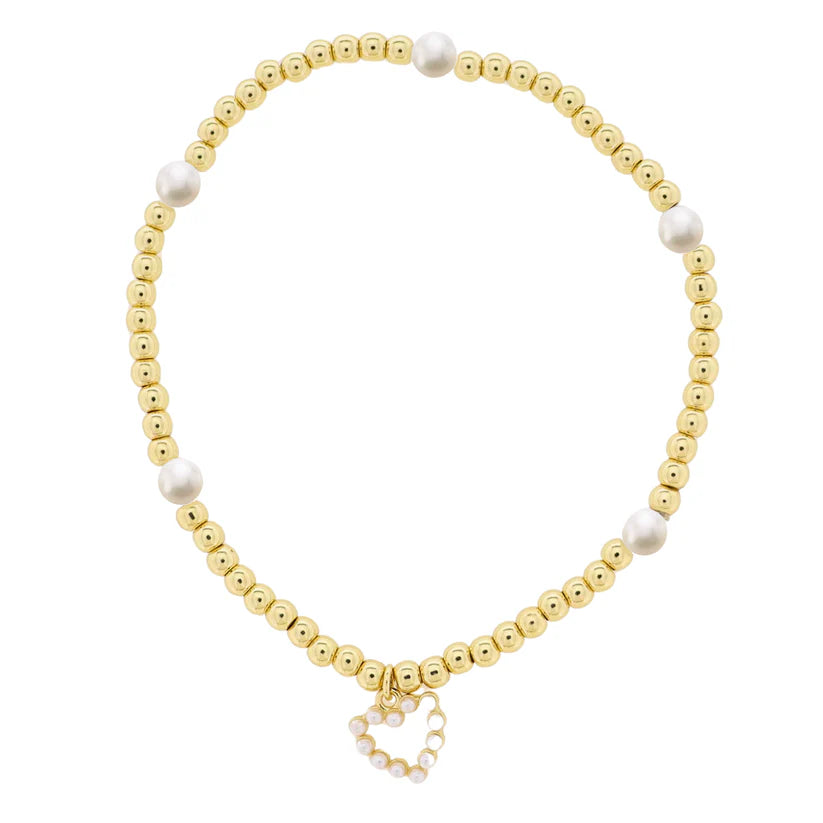 Kids 18K Gold Plated Gold & Pearl Beaded Stretch Bracelet with Pearl Heart