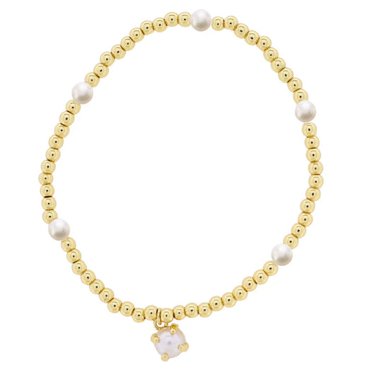 Kids 18K Gold Plated Gold & Pearl Beaded Stretch Bracelet with Pearl Cabachon