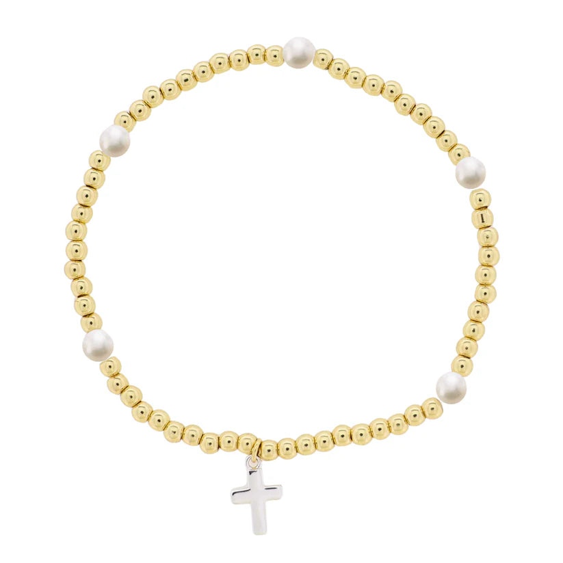 Kids 18K Gold Plated Gold & Pearl Beaded Stretch Bracelet with Silver Cross
