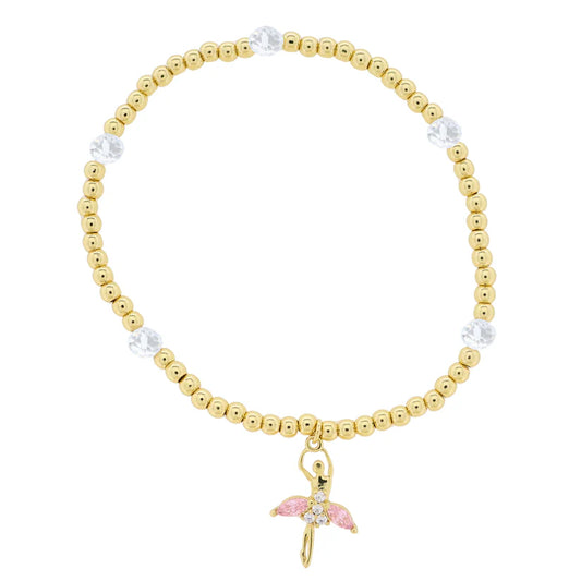 Kids 18K Gold Plated Gold & Clear Beaded Stretch Bracelet with Gold, Pink Crystal Ballerina
