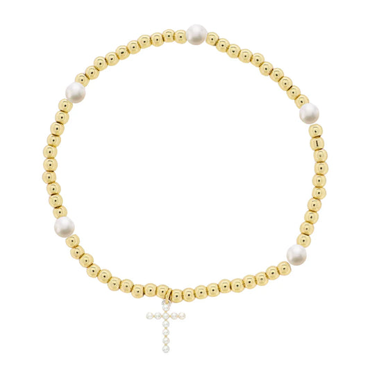 Kids 18K Gold Plated Gold & Pearl Beaded Stretch Bracelet with Pearl Cross