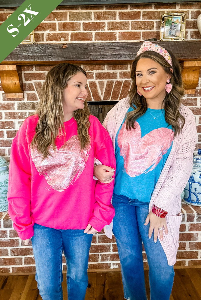 Pink Glitter Heart Crew Neck Sweatshirt
