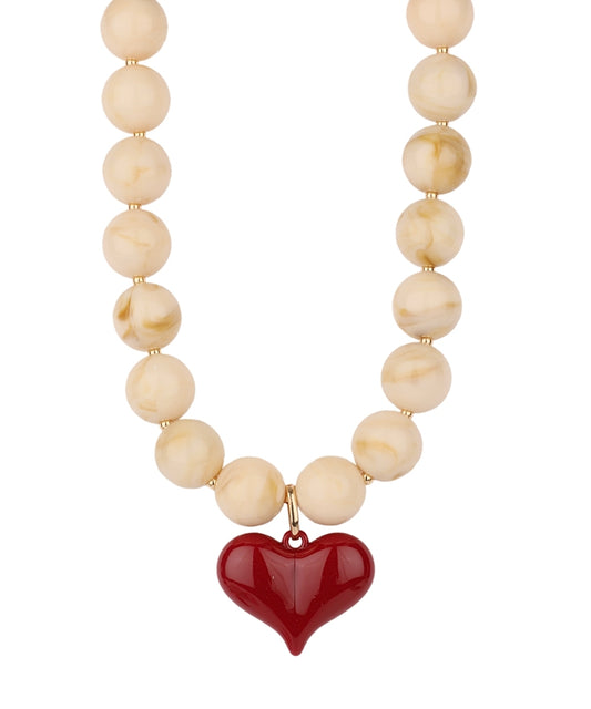 Puffy Heart Beaded Necklace in Beige/Burgundy