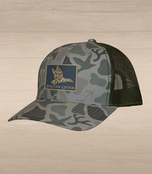 Struttin Cotton | Old School Mallard Patch Trucker Hat on Washed Standout Camo