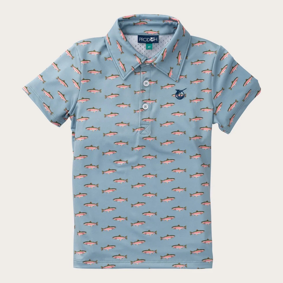 Prodoh | Boys' Short Sleeve Pro Performance Polo Shirt in Rainbow Trout Print