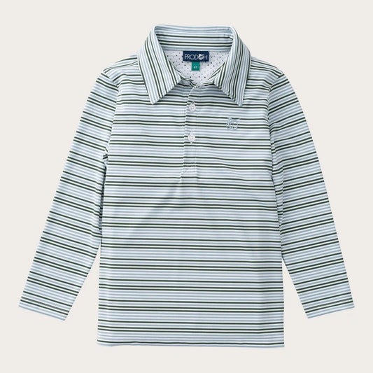 Prodoh | Boys' Long Sleeve Performance Polo in Arona Blue and Camping Green Stripe
