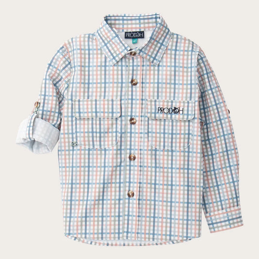 Prodoh | Boys' Long Sleeve Founders Kids Fishing Shirt in Sullivans Island Arona Blue Plaid