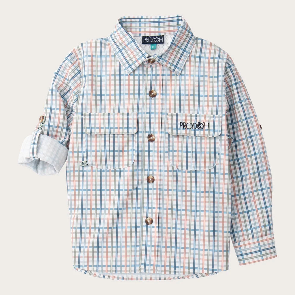Prodoh | Boys' Long Sleeve Founders Kids Fishing Shirt in Sullivans Island Arona Blue Plaid