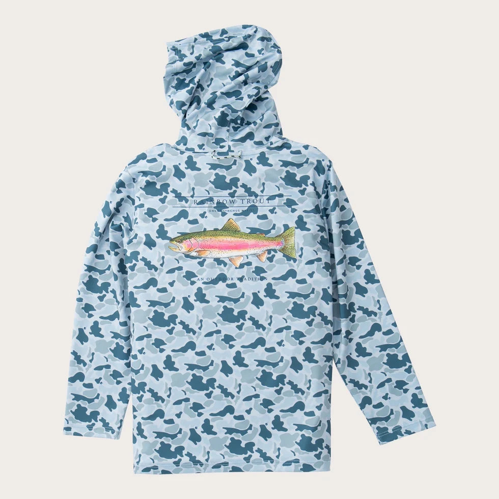 Prodoh | Boys' Pro Performance Hoodie in Coastal Blues Camo with Rainbow Trout Art