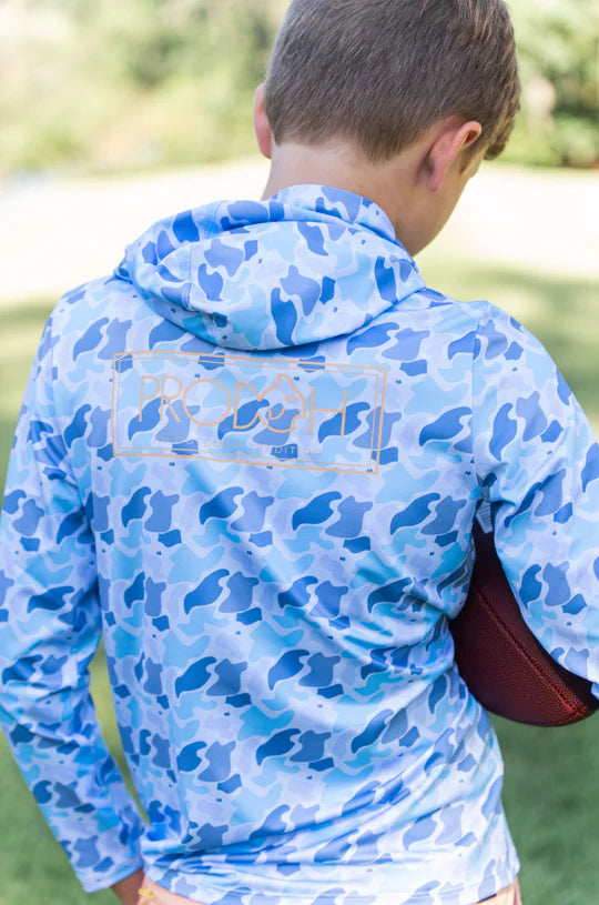 Prodoh | Boy's Pro Performance Hoodie T-shirt in Blue Camo Logo Print