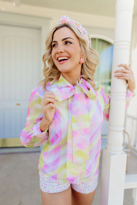 Brianna Cannon | Pastel Geometric Button Down Blouse with Bow