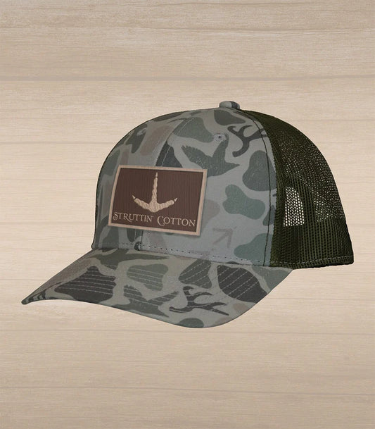 Struttin Cotton | Turkey Track Patch Trucker Hat in Washed Camo
