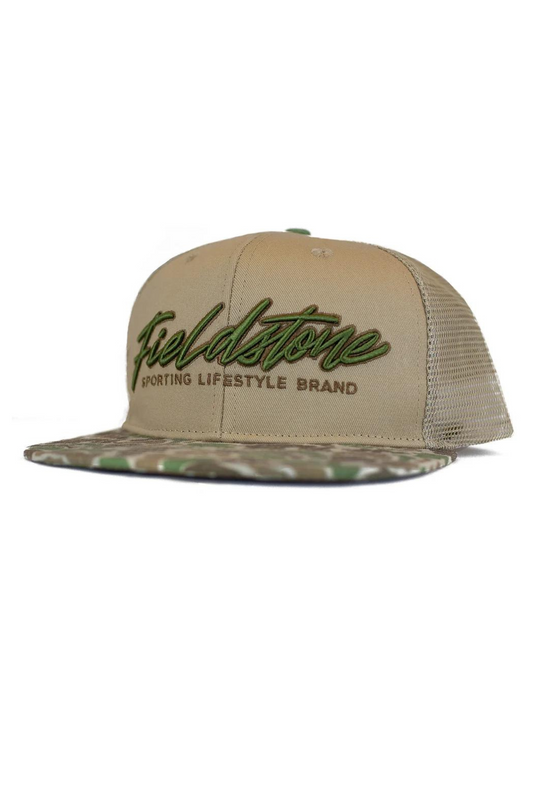 Fieldstone 6 Panel Script Logo Camo Hat