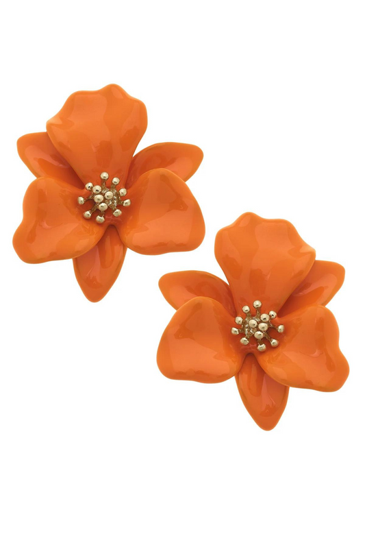 Valentina Enamel Flower Statement Earrings in Orange