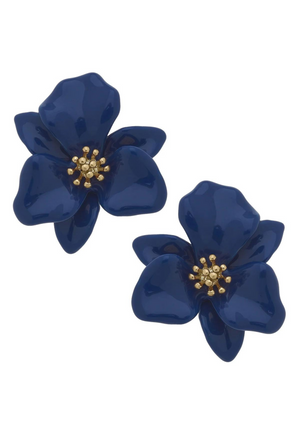 Valentina Enamel Flower Statement Earrings in Royal Blue