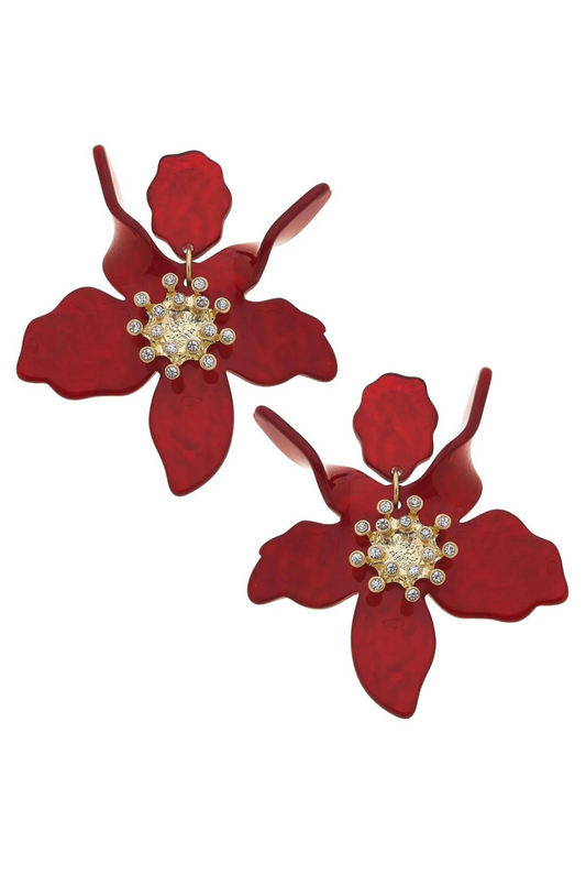 Chloe Resin Flower Statement Earrings in Burgundy