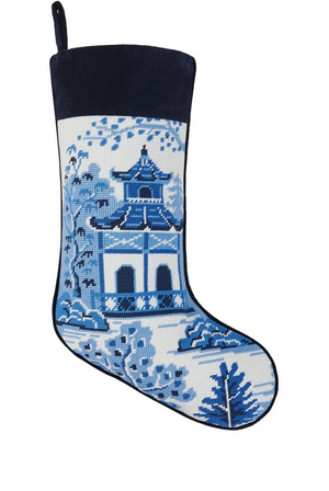 Chinoiserie Pagoda Needlepoint Embroidered Stocking