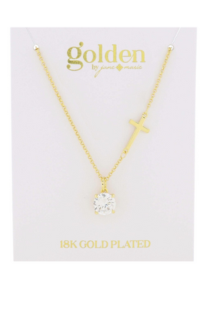 18k Gold Plated Cubic Zirconia Crystal & Gold Cross Necklace