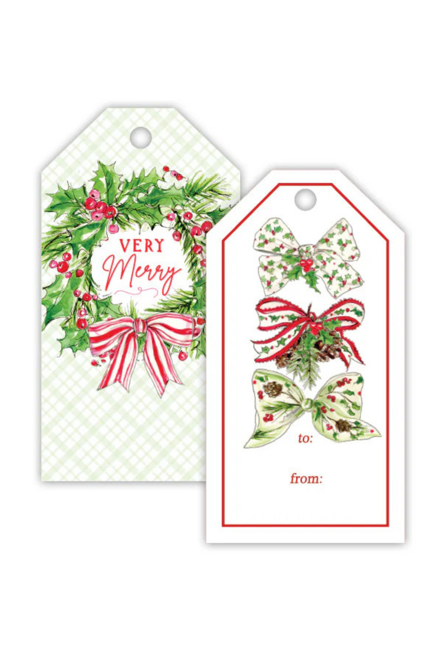 Handpainted Red & Green Bow & Wreath Gift Tags