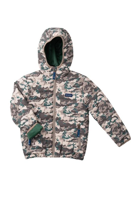 Kid's Hooded Puffer Jacket in Neutral Camo with Solid Green Liner