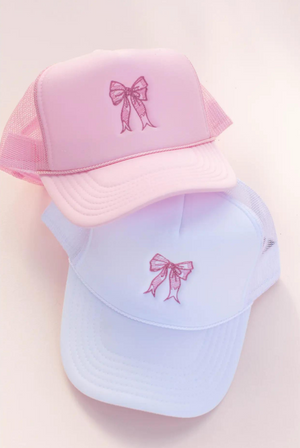 White Trucker Bow Hat with Pink Bow