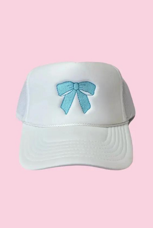 White Trucker Hat With Blue Bow