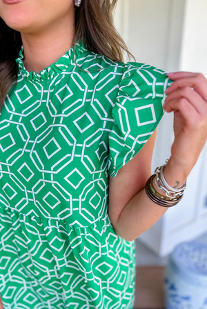 Laura Dress in Green Geometric Octagon